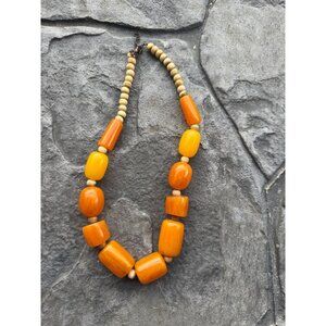 Vintage Bohemian Style Orange & Yellow Beaded Necklace With Wooden Accents
